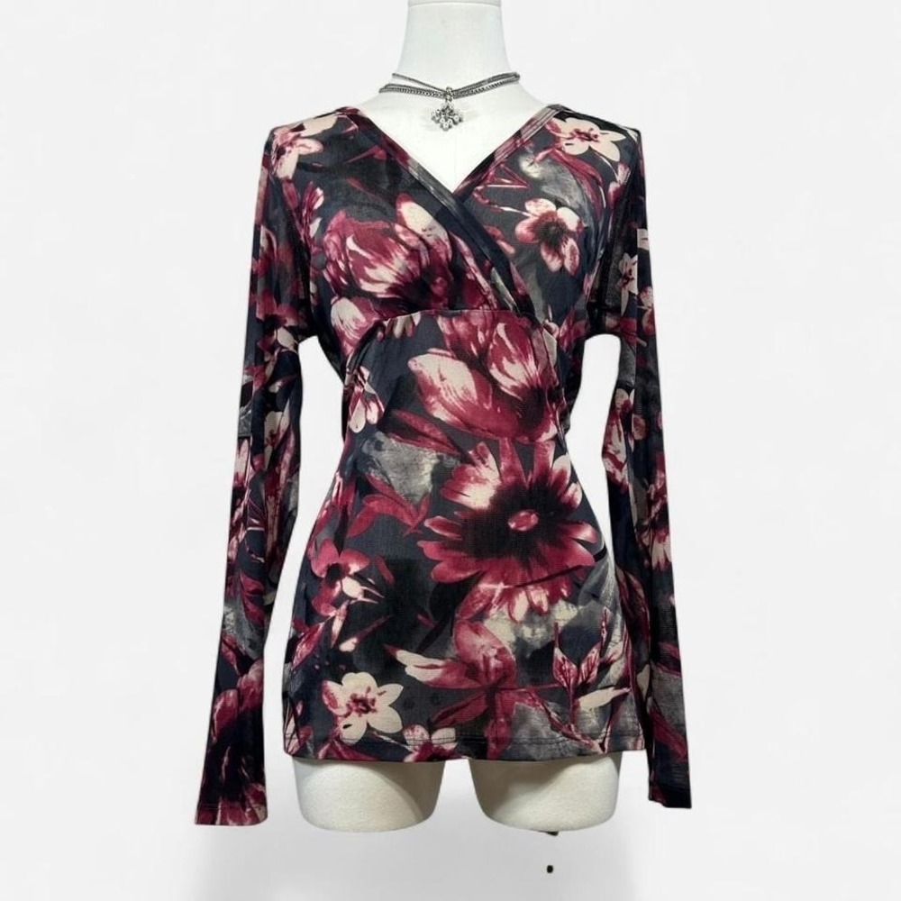 Y2K Karen Kane Sheer Floral Mesh Wrap Front Long Sleeve Top Tagged L Fits Small